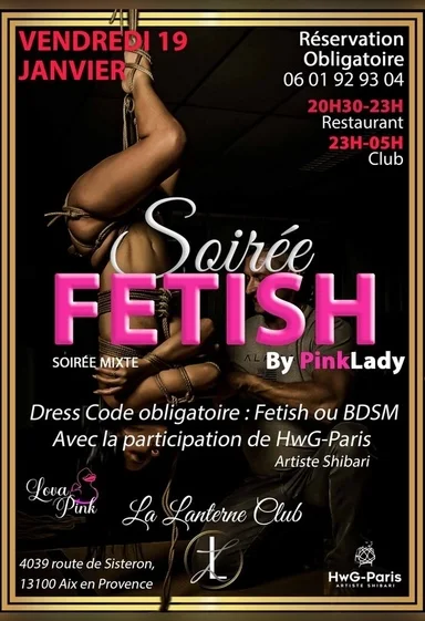 Soirée Fetish et BDSM 🔥 BY PINKLADY show performance shibari avec HwG-Paris , Dj, ateliers d'initiation ( cordes, spank, domination psychologique).réservez vite les places sont limitées